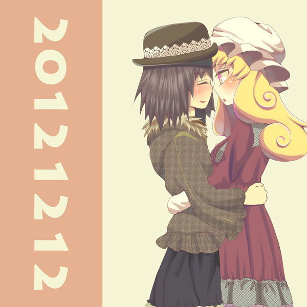 alternate_costume, black_hair, blonde_hair, blush, closed_eyes, culotte(96), dated, derss, hat, hug, jacket, long_hair, long_sleeves, maribel_hearn, multiple_girls, nose_touching, noses_touching, open_mouth, red_eyes, short_hair, skirt, touhou, usami_renko, yuri