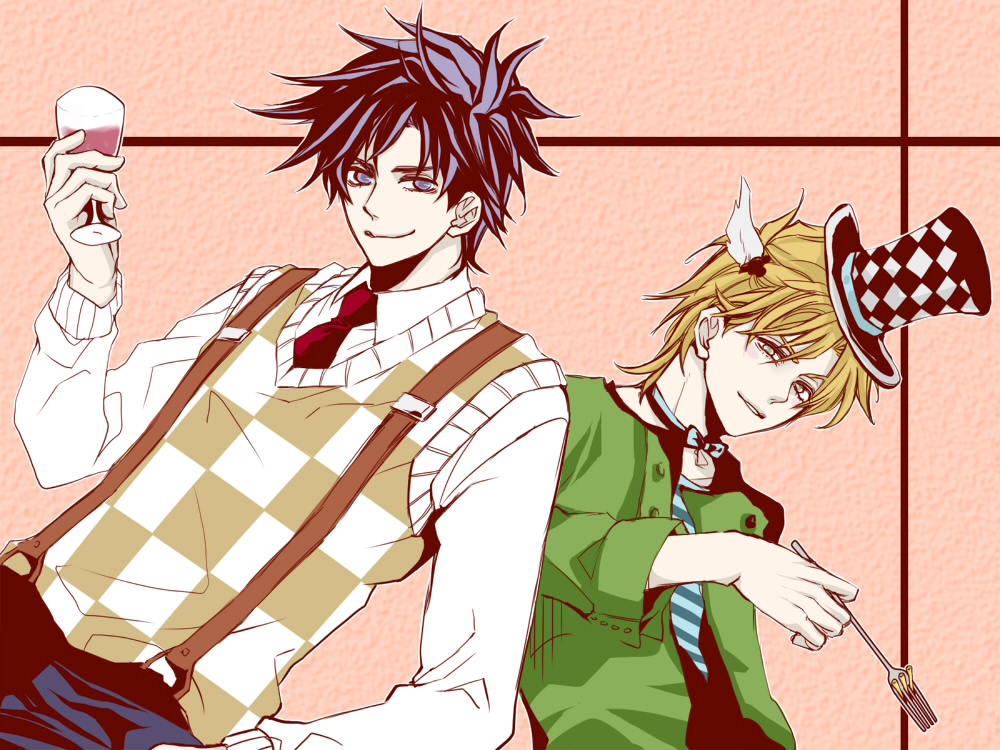 black_hair, blonde_hair, blue_eyes, blue_hair, caesar_anthonio_zeppeli, cup, fork, hat