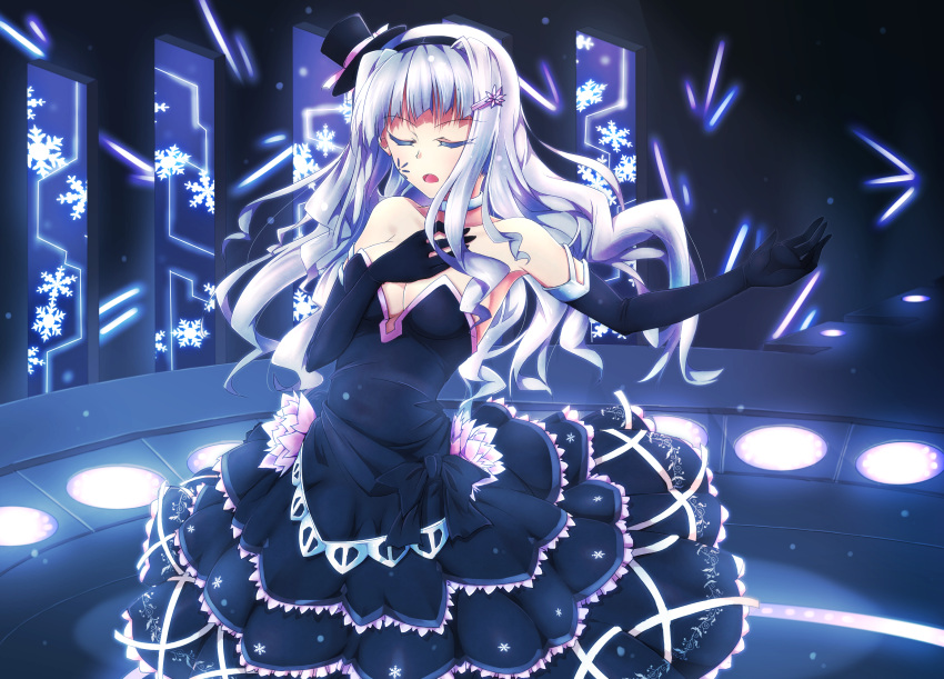 absurdres, bare_shoulders, black_dress, black_gloves, breasts, cleavage, closed_eyes, dress
