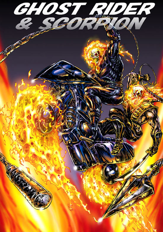 2boys, black_gloves, burning, burning_eyes, byakuren_(midwood), chain, chains, crossover, fire, ghost_rider, gloves, leather_jacket, marvel, mortal_kombat, motor_vehicle, motorcycle, multiple_boys, muscle, ninja, open_mouth, outstretched_arm, polearm, riding, scorpion_(mortal_kombat), skull, spear, spikes, studded, sword, vehicle, weapon
