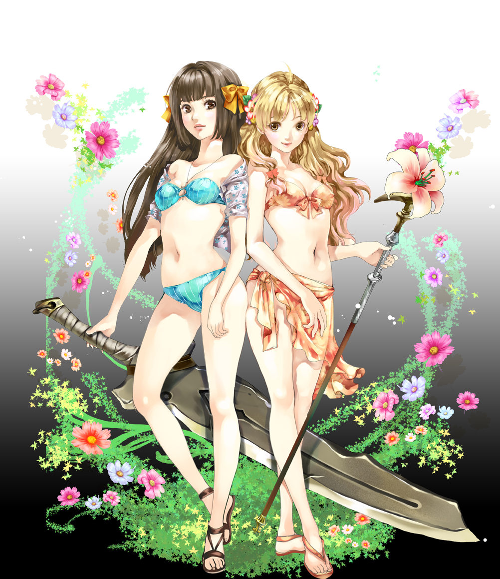 atelier_(series), atelier_ayesha, ayesha_altugle, bikini, chushengdao, flower, jewelry, linca_(atelier_ayesha), multiple_girls, navel, necklace, sandals, staff, swimsuit, sword, weapon