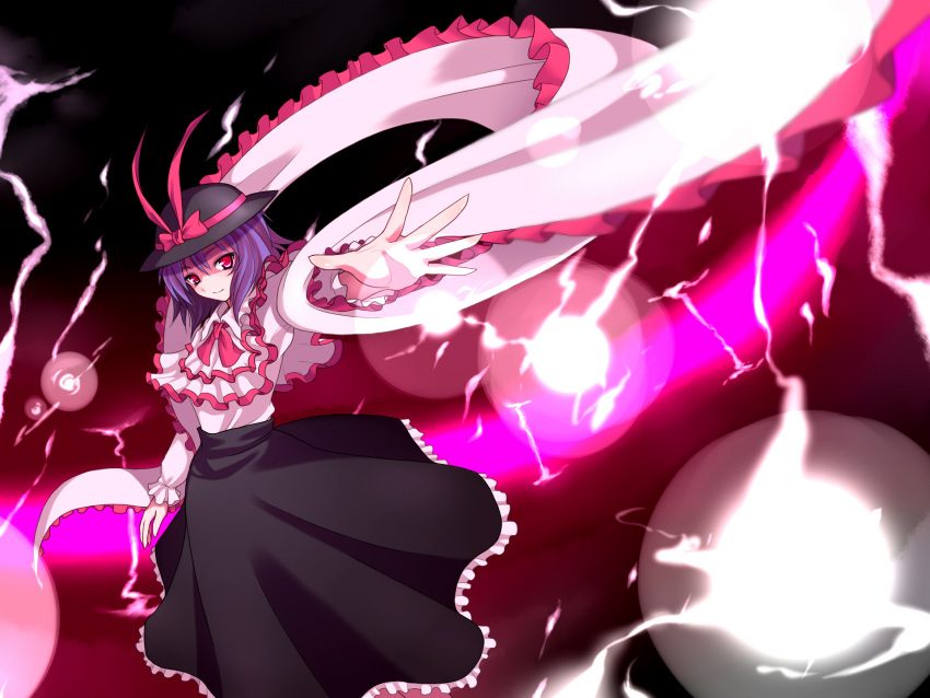 frills, hat, hat_ribbon, highres, jungetsu_hoko, lightning, long_skirt, magic