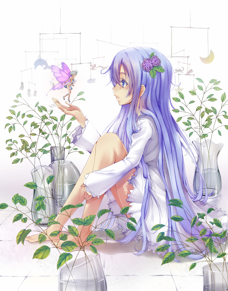 amayofuu, barefoot, blue_eyes, blue_hair, blush, crescent, dress, fairy