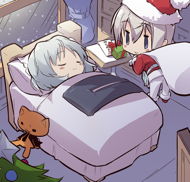 bag, bed, blush, chibi, christmas, christmas_tree, closed_eyes, eila_ilmatar_juutilainen, eyes_closed, gift, grey_hair, hat, kotamaru-mu, kotamaru_(pajama_soft), multiple_girls, pantyhose, pantyhose_removed, purple_eyes, santa_costume, santa_hat, sanya_v_litvyak, sleeping, smile, snow, strike_witches, stuffed_animal, stuffed_toy, violet_eyes, white_legwear