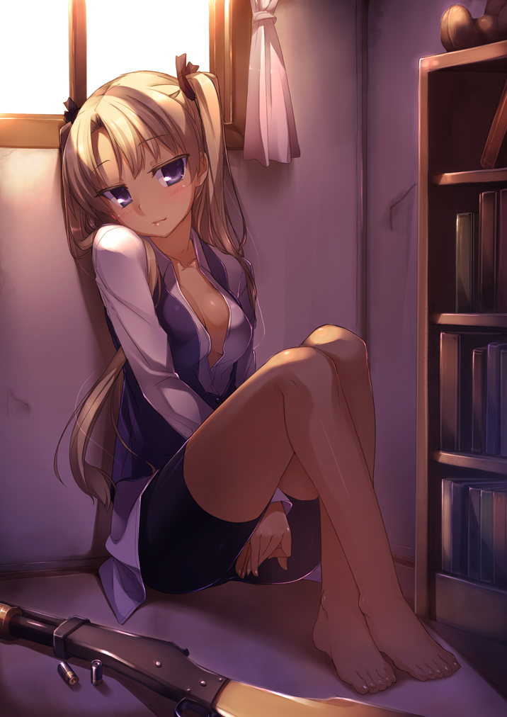barefoot, bike_shorts, blonde_hair, blush, book, bookshelf, breasts, bullet, curtains, feet, gun, gunslinger_girl, hair_ribbon, looking_at_viewer, racer_(magnet), ribbon, shirt, shotgun, sitting, smile, solo, sunlight, toes, triela, twintails, weapon, winchester_model_1897, window