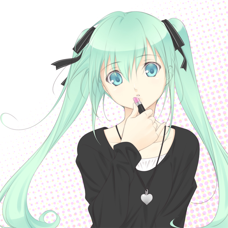 aqua_eyes, aqua_hair, hair_ribbon, hatsune_miku, heart, heart_necklace, lipstick, lipstick_tube