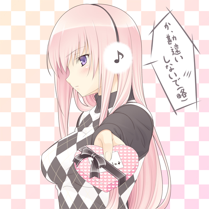 argyle, argyle_sweater, blush, checkered, checkered_background, earmuffs, gift, headphones