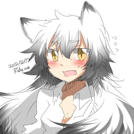 animal_ears, blush, dated, fang, fox_ears, fox_tail, long_hair, lowres, open_mouth, original, rebecca_(keinelove), shirogane_mitsuki, signature, silver_hair, solo, tail, yellow_eyes