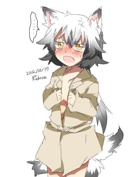 animal_ears, blush, dated, fang, fox_ears, fox_tail, long_hair, open_mouth, original, rebecca_(keinelove), shirogane_mitsuki, signature, silver_hair, solo, tail, yellow_eyes