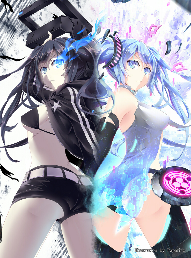 aqua_hair, arm_up, artist_name, ass, bare_shoulders, bares, bikini_top, black_hair