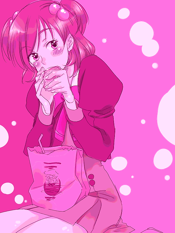crossdressing, eating, food, hair_ornament, kumonosuke, monochrome, pink, pink_background