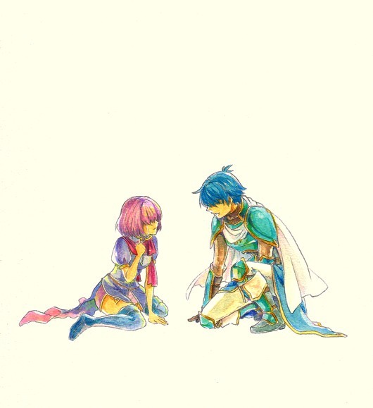 1boy, 1girl, blue_hair, boots, cape, catalina, crise, fire_emblem