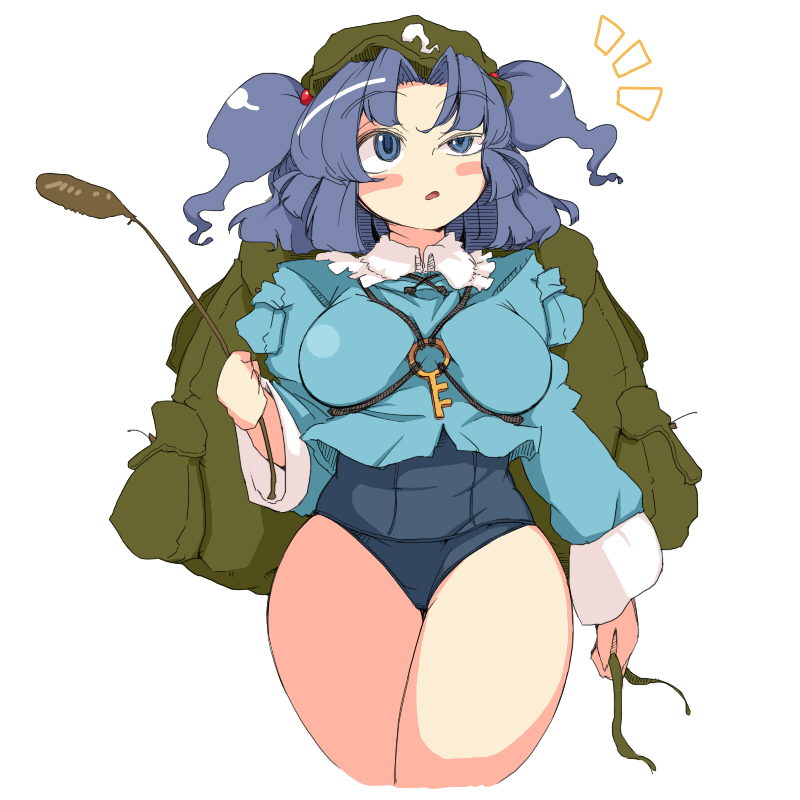 backpack, bag, black_hair, blue_eyes, blue_hair, blush_stickers, breasts, cattail