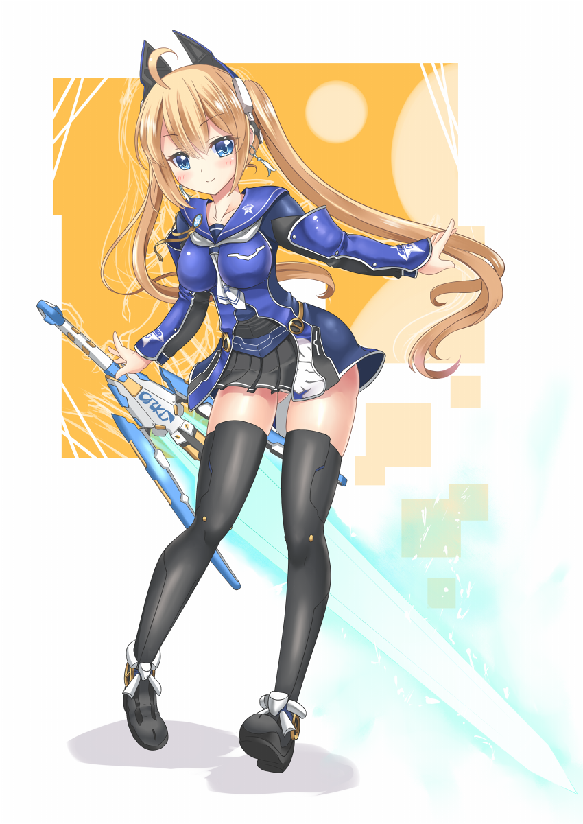 ahoge, arks_trainee_female_uniform, armor, black_legwear, blue_eyes, brown_hair, energy_sword, energy_weapon, highres, miyuki_rei, miyukirei, phantasy_star, phantasy_star_online_2, pso2, solo, sword, thigh-highs, thighhighs, twintails, weapon