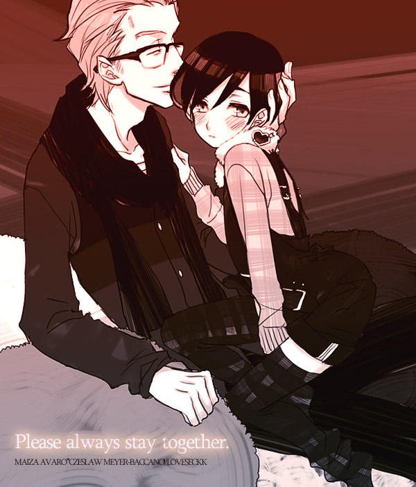 baccano!, blush, czeslaw_meyer, glasses, heart, kumonosuke, lap_sitting, leaning_forward