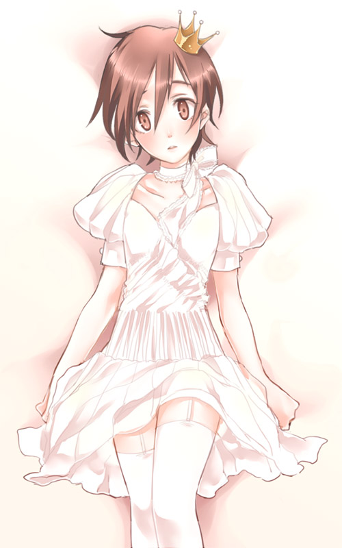 baccano!, brown_eyes, brown_hair, choker, crossdressing, crown, czeslaw_meyer, dress, garter_straps, garters, kumonosuke, lying, male, on_back, short_hair, thigh-highs, thighhighs, trap, white_legwear, white_thighhighs