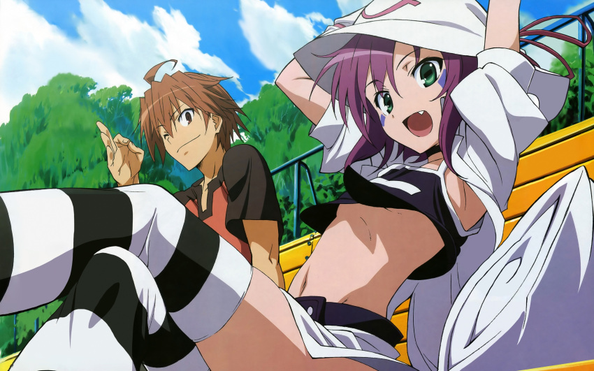 absurdres, belly, belt, choker, fang, from_below, fujiwara_yumeji, green_eyes