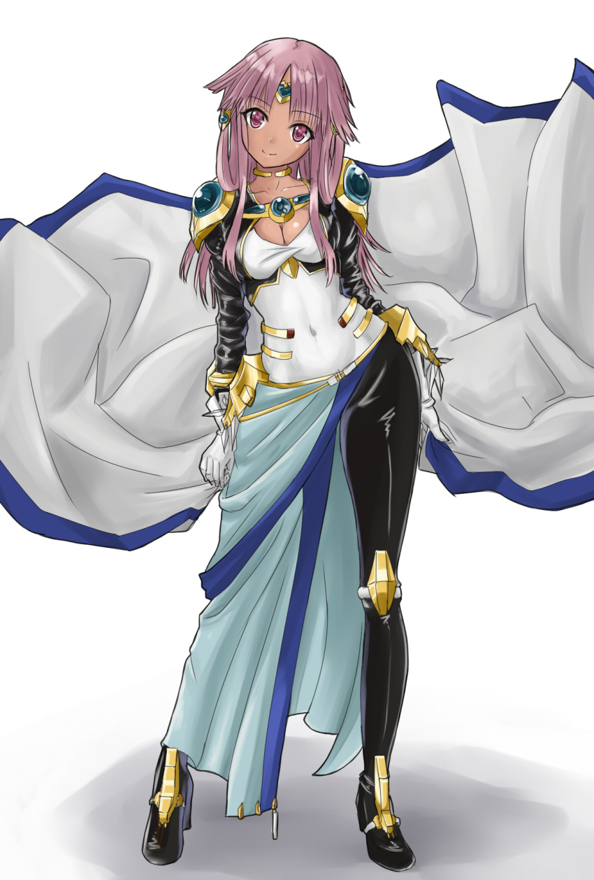 ariel_org, breasts, cape, cleavage, dark_skin, gloves, highres, long_hair