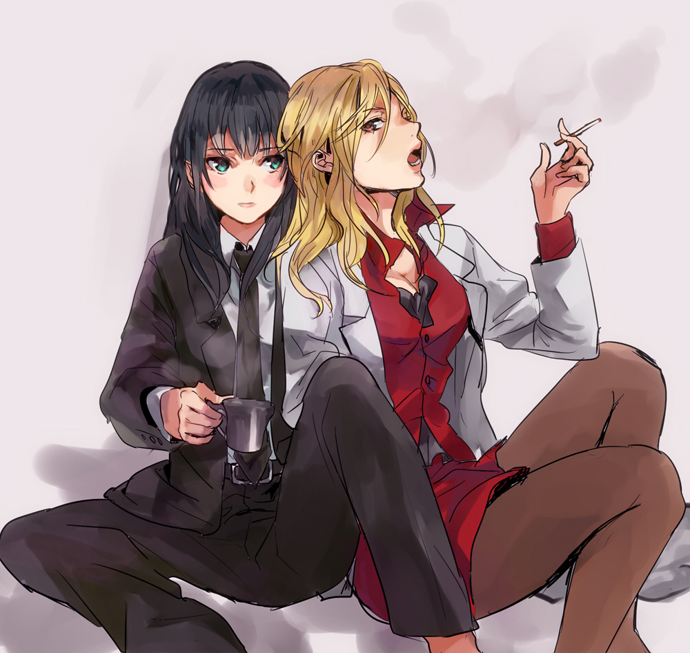 black_hair, blonde_hair, blush, breasts, brown_legwear, cigarette, cleavage, coffee