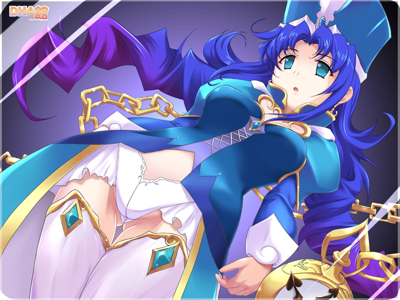 blue_eyes, blue_hair, chain, chains, clock, dha, emsa_rind, gem