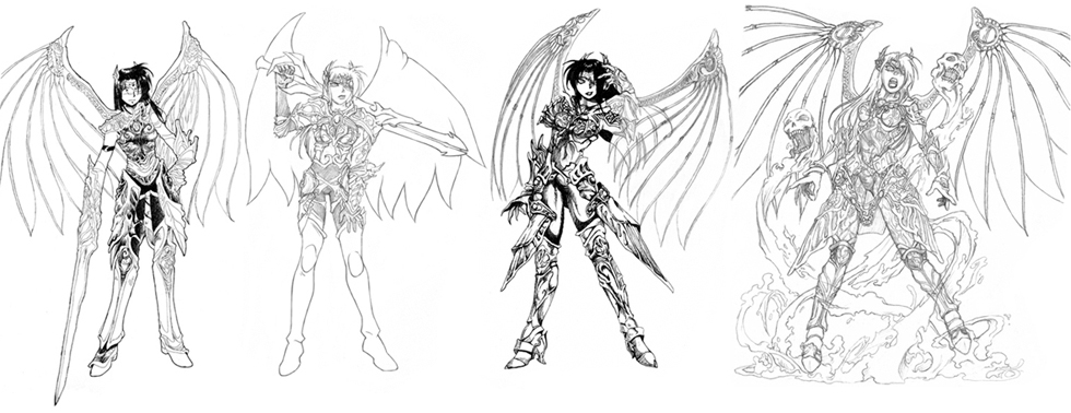 1girl, armor, aura, bone, breasts, claws, comparison, evolution