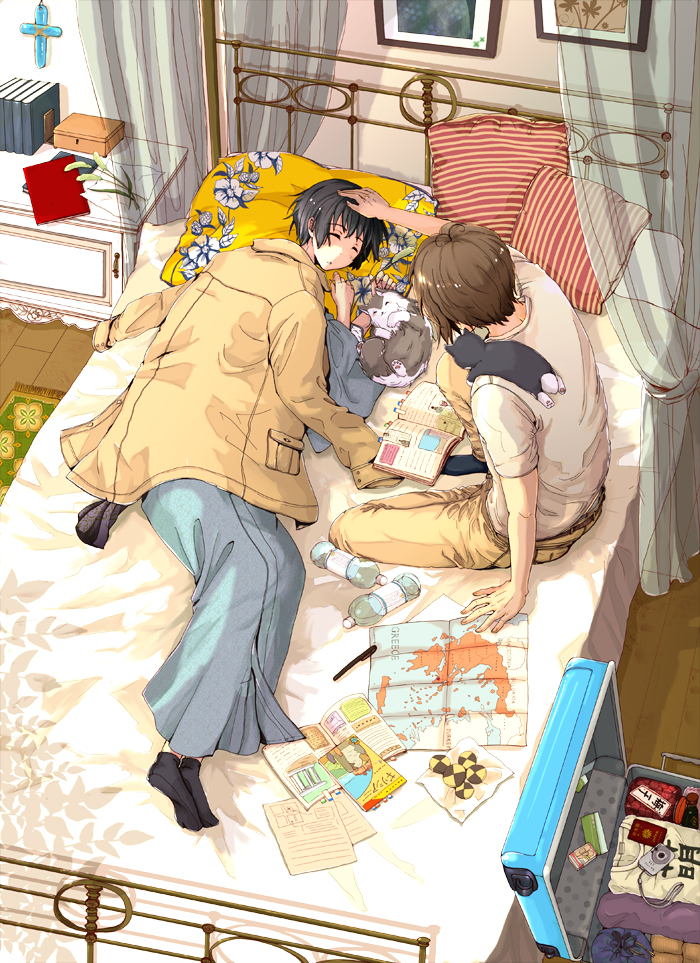 axis_powers_hetalia, bed, bottle, brown_hair, cat, closed_eyes, coat, cookie, eyes_closed, food, greece_(hetalia), greece_(nekotalia), japan_(hetalia), japan_(nekotalia), japanese_clothes, map, multiple_boys, namino_kokoro, pen, pillow, sleeping, suitcase, water_bottle