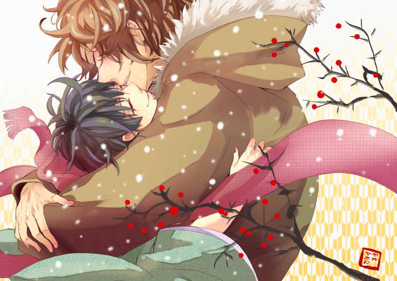 axis_powers_hetalia, black_hair, brown_hair, closed_eyes, coat, eyes_closed, greece_(hetalia), hug, japan_(hetalia), japanese_clothes, multiple_boys, namino_kokoro, scarf, smile