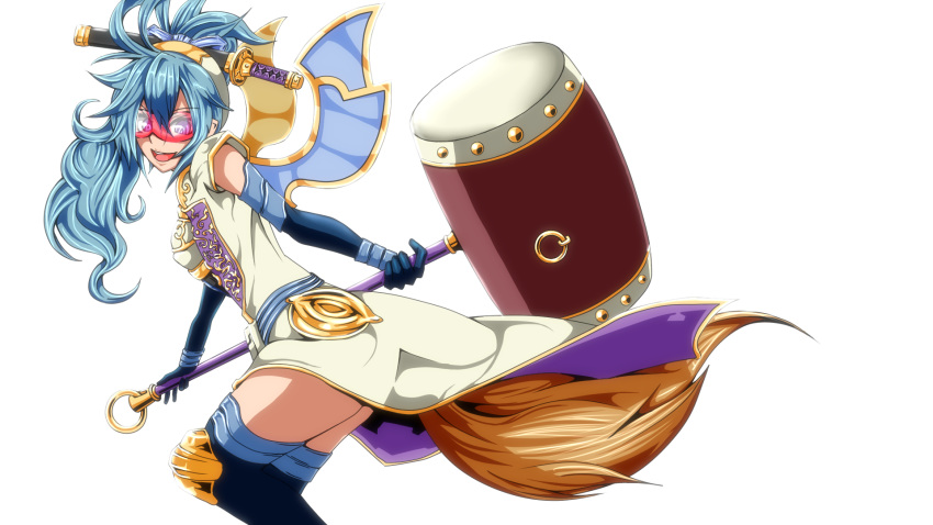 asagi_(shinrabanshou), blue_hair, coat, hairband, hammer, highres, knee_guards, long_gloves
