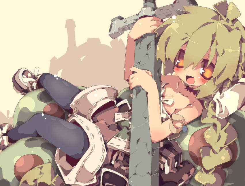 bare_shoulders, black_legwear, blush, braid, breasts, brown_eyes, cleavage, dango_mushi, ginny_knights, green_hair, huge_weapon, legwear_under_shorts, long_hair, pantyhose, saga, saga_frontier_2, shorts, smile, solo, sword, weapon, yellow_background