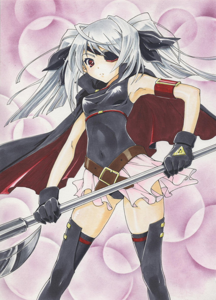 absurdres, asahina_kirin, bardiche, belt, buckle, cosplay, eyepatch, fate_testarossa