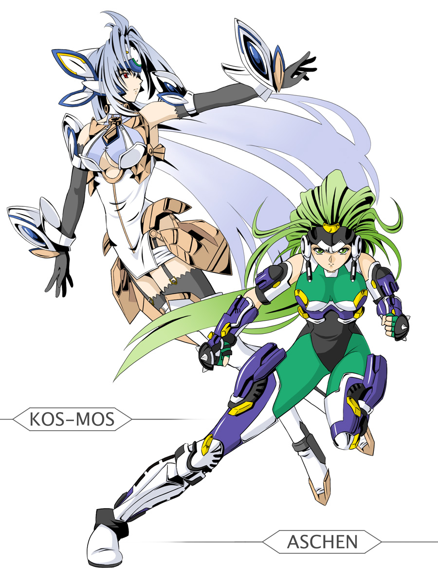 android, aschen_brodel, blue_hair, boots, breasts, endless_frontier, fighting_stance, garter_belt
