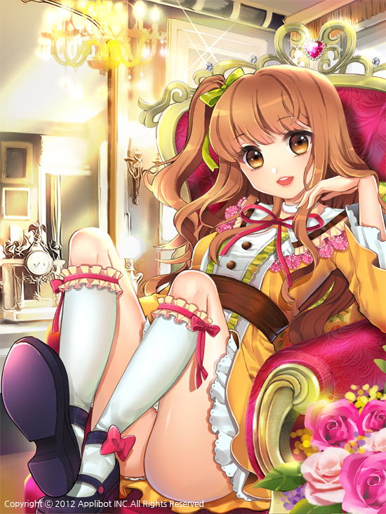 :d, brown_eyes, brown_hair, chair, chandelier, copyright_request, dress, flower