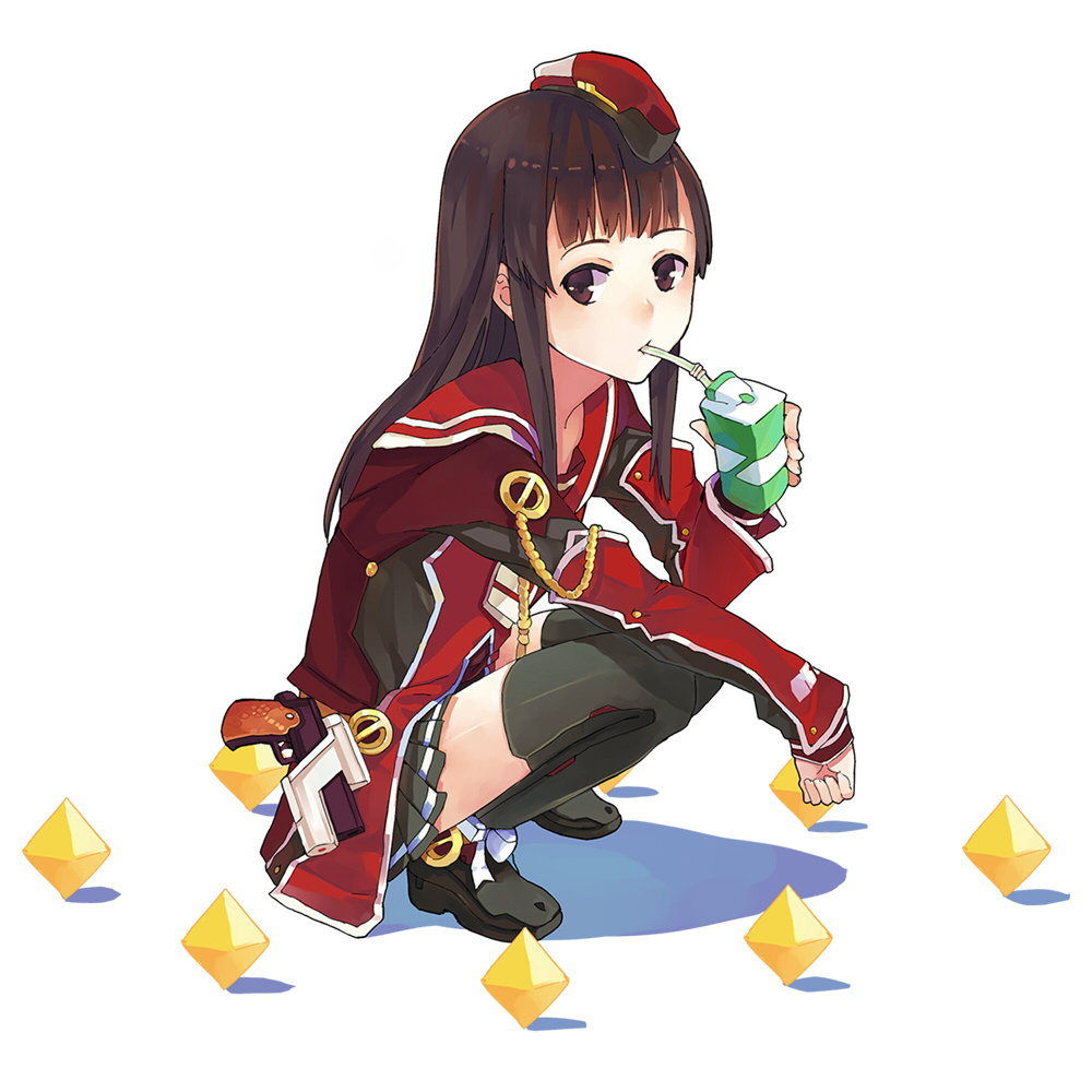 arks_trainee_female_uniform, black_eyes, black_hair, black_legwear, drinking, hao_(patinnko), hat, juice_box, long_hair, looking_at_viewer, original, phantasy_star, phantasy_star_online_2, simple_background, skirt, solo, squatting, straw, thigh-highs, thighhighs, white_background