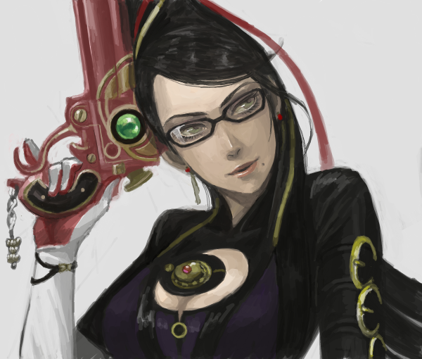 acha, bayonetta, bayonetta_(character), black_hair, drawr, earrings, glasses, gloves, gun, hair_ribbon, jewelry, mole, parted_lips, ribbon, solo, weapon