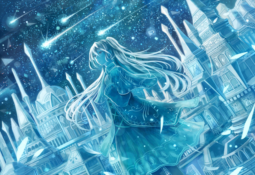 blue_eyes, bou_nin, capelet, city, cityscape, cloud, clouds, dress