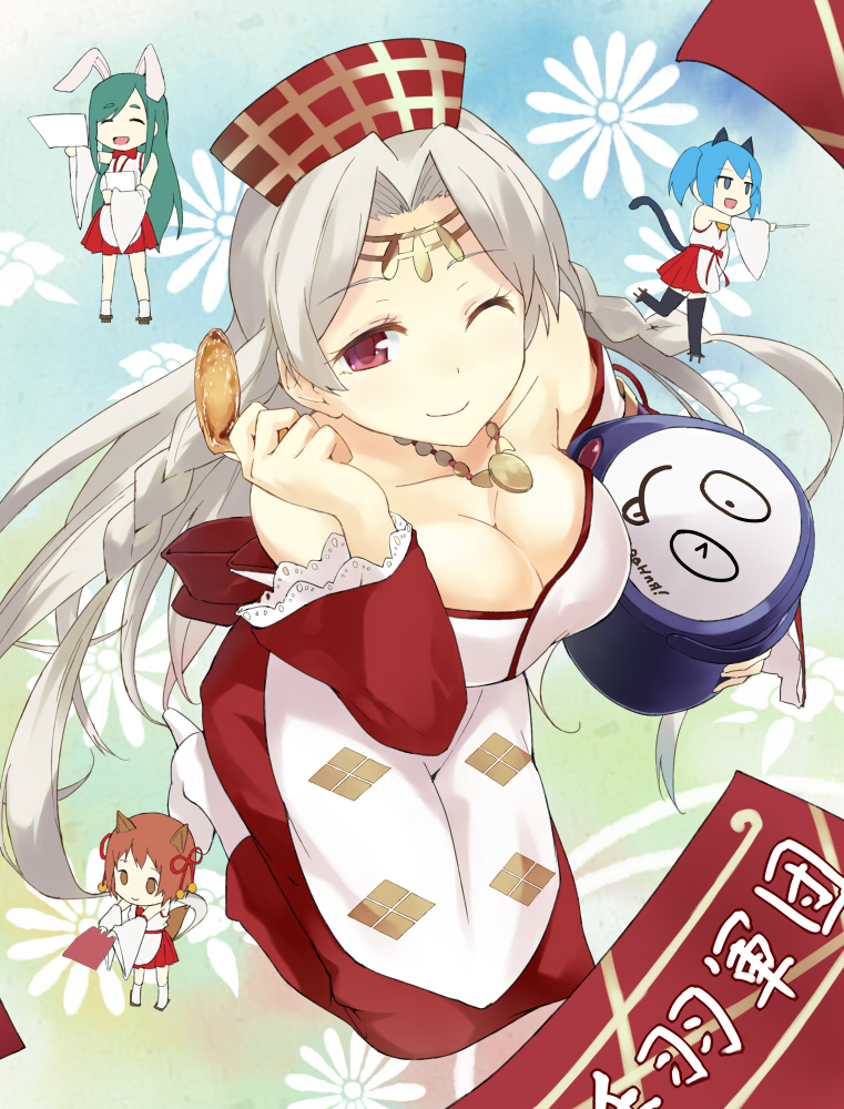 :d, ;), ^_^, animal_ears, bare_shoulders, blue_eyes, blue_hair, breasts, brown_eyes, brown_hair, bunny_ears, cccpo, chibi, cleavage, closed_eyes, collarbone, detached_sleeves, eyes_closed, fasad_29, green_hair, high_heels, holding, jewelry, kitsune_miko, legs_up, long_hair, looking_at_viewer, multiple_girls, necklace, neko_miko, open_mouth, pink_hair, rabbit_ears, sengoku_collection, shoes, silver_hair, smile, takeda_shingen_(sengoku_collection), twintails, usagi_miko, wink