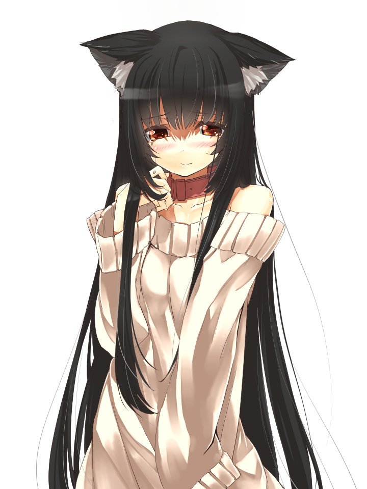 animal_ears, bare_shoulders, black_eyes, black_hair, blush, cat_ears, collar, collarbone