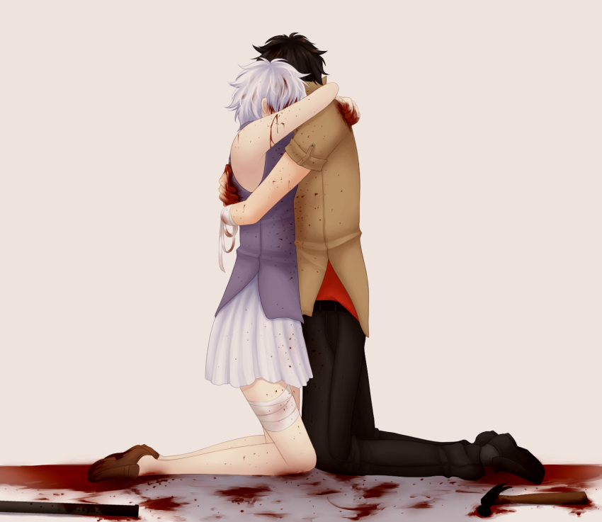 1boy, 1girl, bandage, bandages, black_hair, couple, hammer, highres