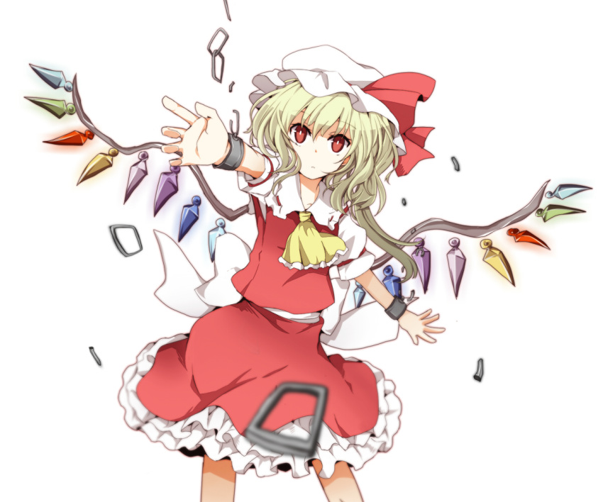 ascot, beni_shouga_(benisyouga0612), blonde_hair, broken_chains, chain, chained, chains, flandre_scarlet