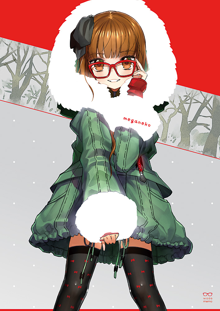 artist_name, black_legwear, blunt_bangs, blush, brown_eyes, brown_hair, christmas, coat
