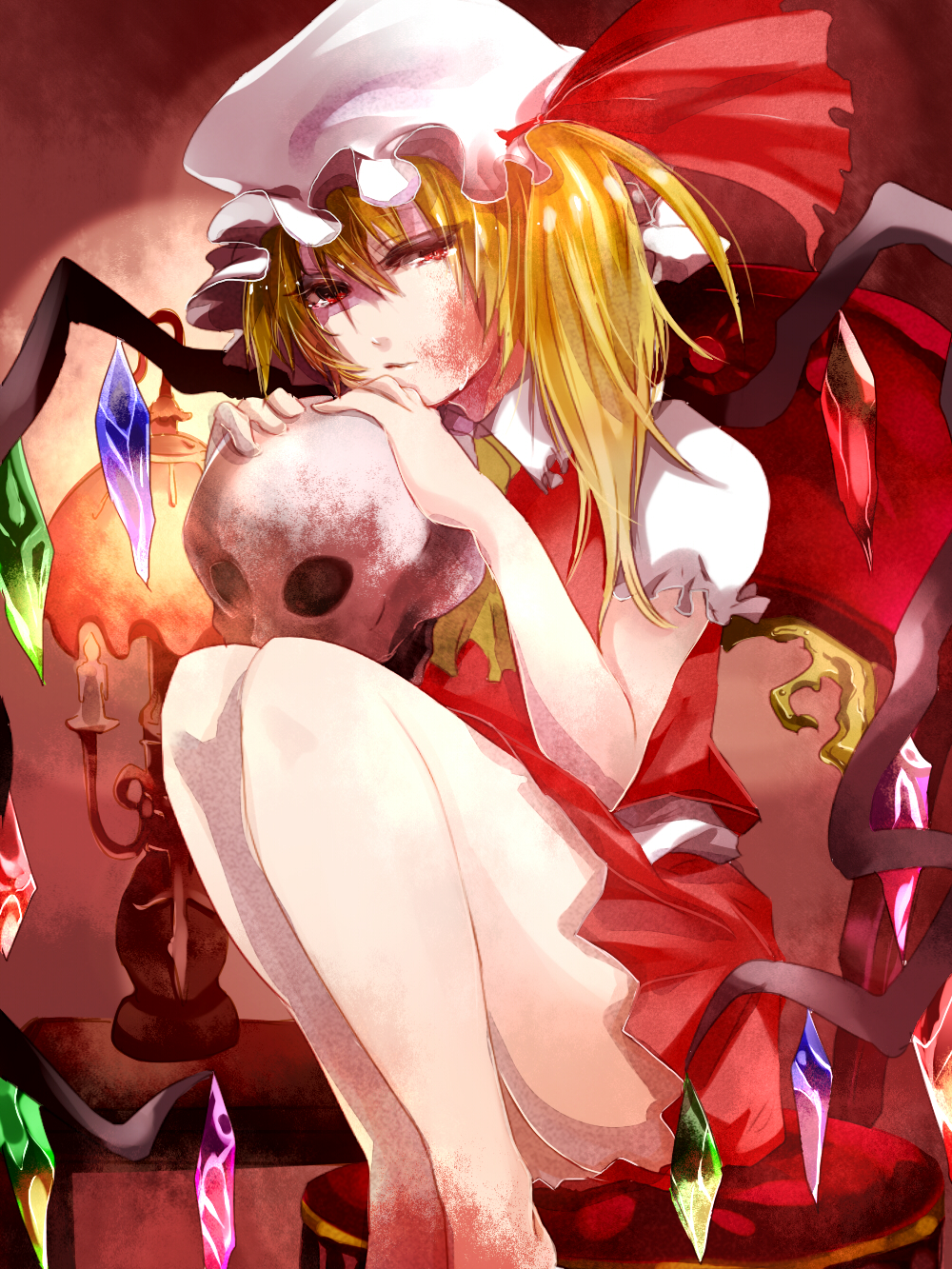 amua, ascot, bare_legs, blonde_hair, blood, blood_on_face, candle, candlestick