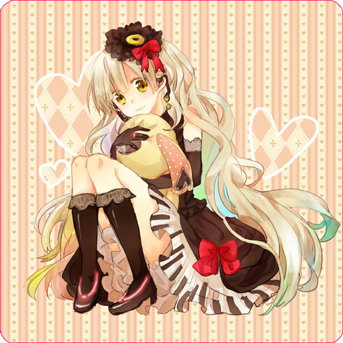 elbow_gloves, gloves, hug, kneehighs, mayu_(vocaloid), niji_(apricotxx), simple_background, sitting