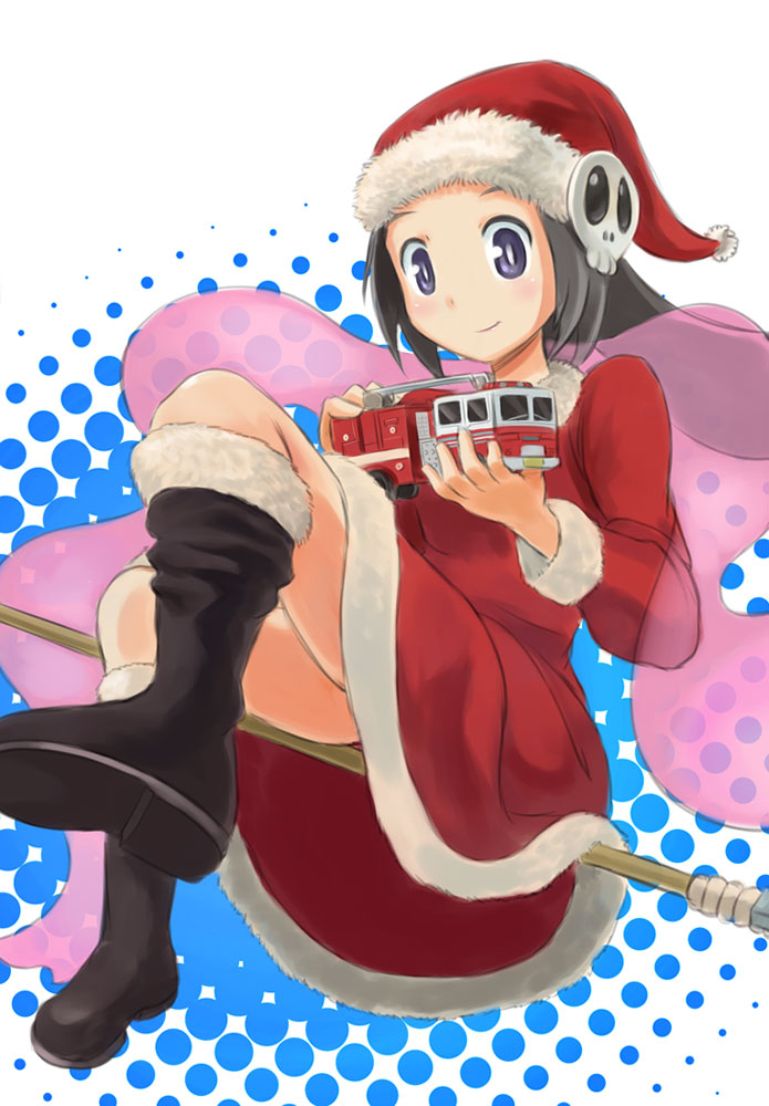 black_hair, blush, broom, broom_riding, christmas, elsea_de_lute_irma, firetruck, hair_ornament