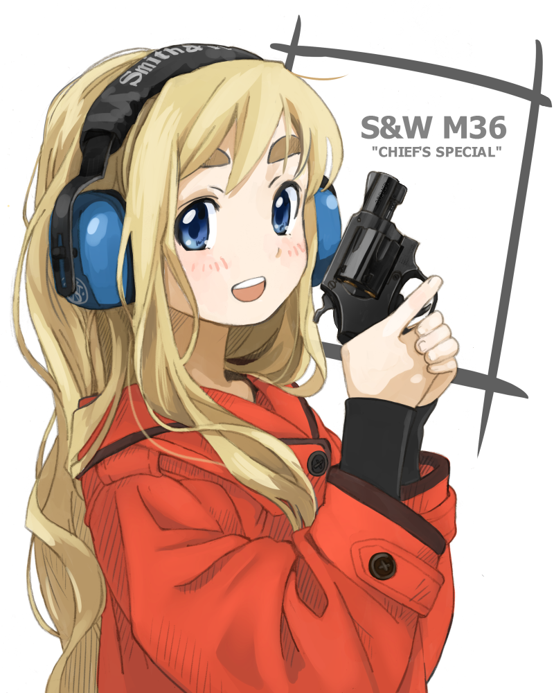 akai_sashimi, blonde_hair, blue_eyes, blush, earmuffs, gun, k-on!, kotobuki_tsumugi