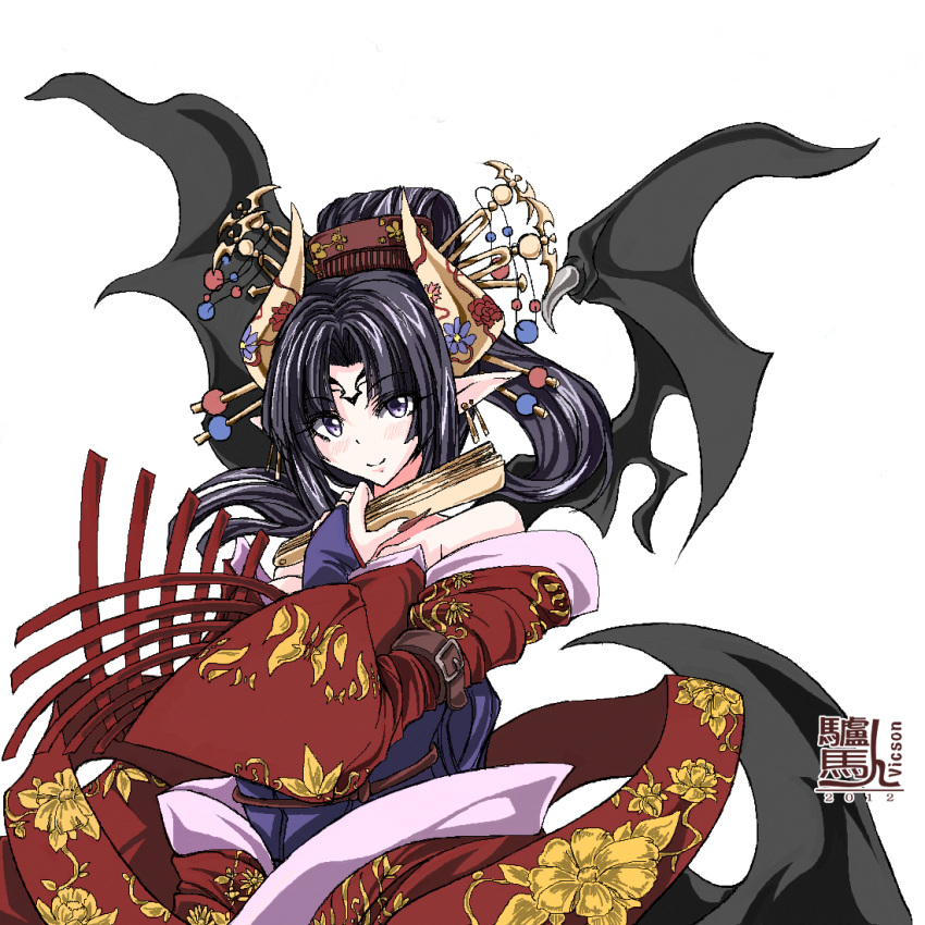bat_wings, black_hair, blush, bridal_gauntlets, dawadawa_dawasa, demon_girl, digimon, facial_mark