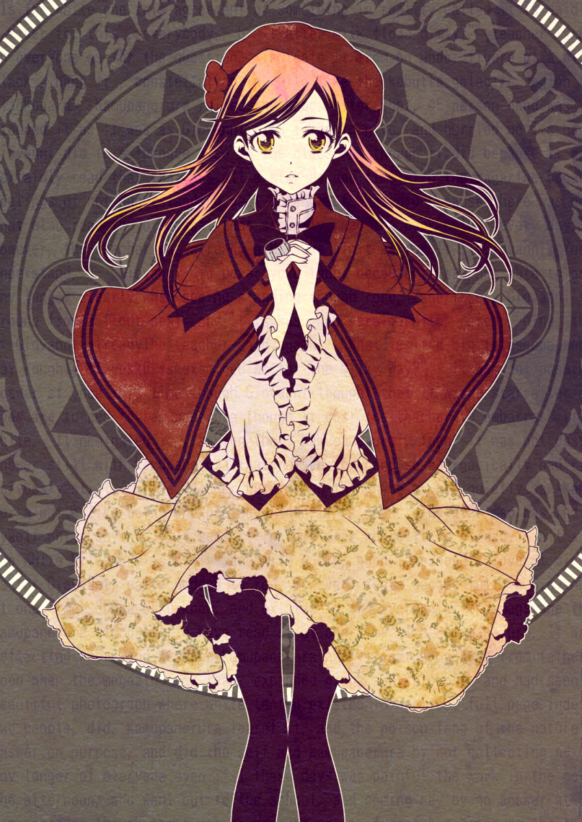beret, black_legwear, cloak, female, hands_clasped, hat, highres, izo_(artist)