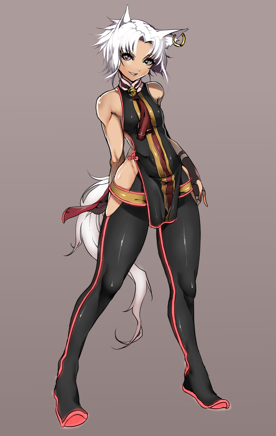 1girl, animal_ears, bare_shoulders, breasts, brown_background, clothed_navel, earring, earrings