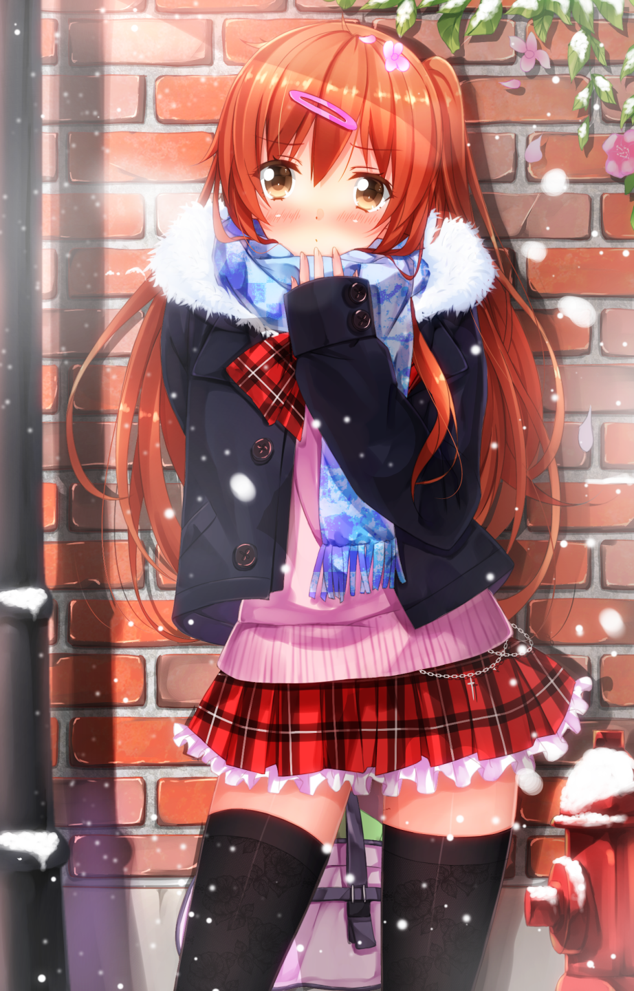arm_behind_back, bag, black_hair, black_legwear, blush, breath, brick_wall, brown_eyes