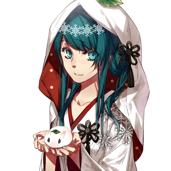 aqua_hair, bunny, collarbone, hatsune_miku, holding, japanese_clothes, kimono, leaf