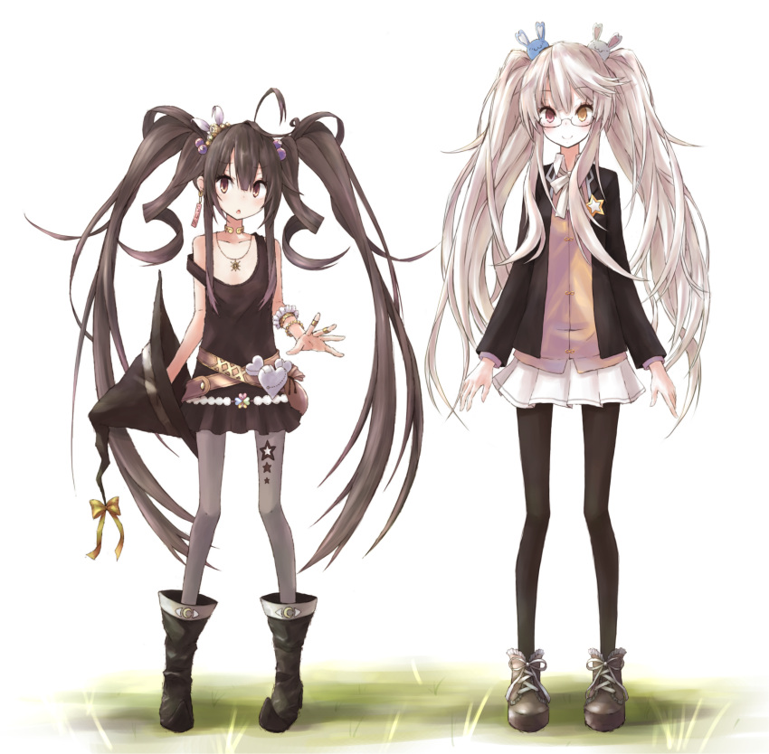 absurdres, black_hair, buran_(kure), glasses, heterochromia, highres, long_hair, multiple_girls